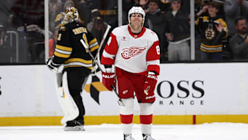 Nov 29, 2025; Boston, Massachusetts, USA; Detroit Red Wings right wing Patrick Kane (88) heads back to the bench after being stopped by Boston Bruins goaltender Jeremy Swayman (1) during a shootout at TD Garden. Mandatory Credit: Winslow Townson-Imagn Images