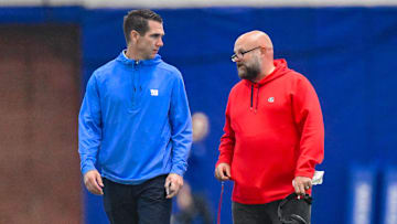 Jun 17, 2025; East Rutherford, NJ, USA; New York Giants general manager Joe Schoen (left) and head coach Brian Daboll talk during minicamp at Quest Diagnostics Training Center. Mandatory Credit: John Jones-Imagn Images