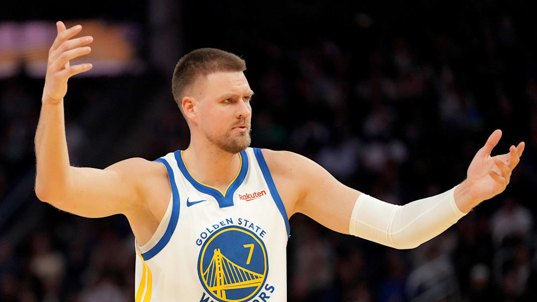 Mar 13, 2026; San Francisco, California, USA; Golden State Warriors forward Kristaps Porzingis (7) reacts after being fouled against the Minnesota Timberwolves in the fourth quarter at the Chase Center. Mandatory Credit: Cary Edmondson-Imagn Images