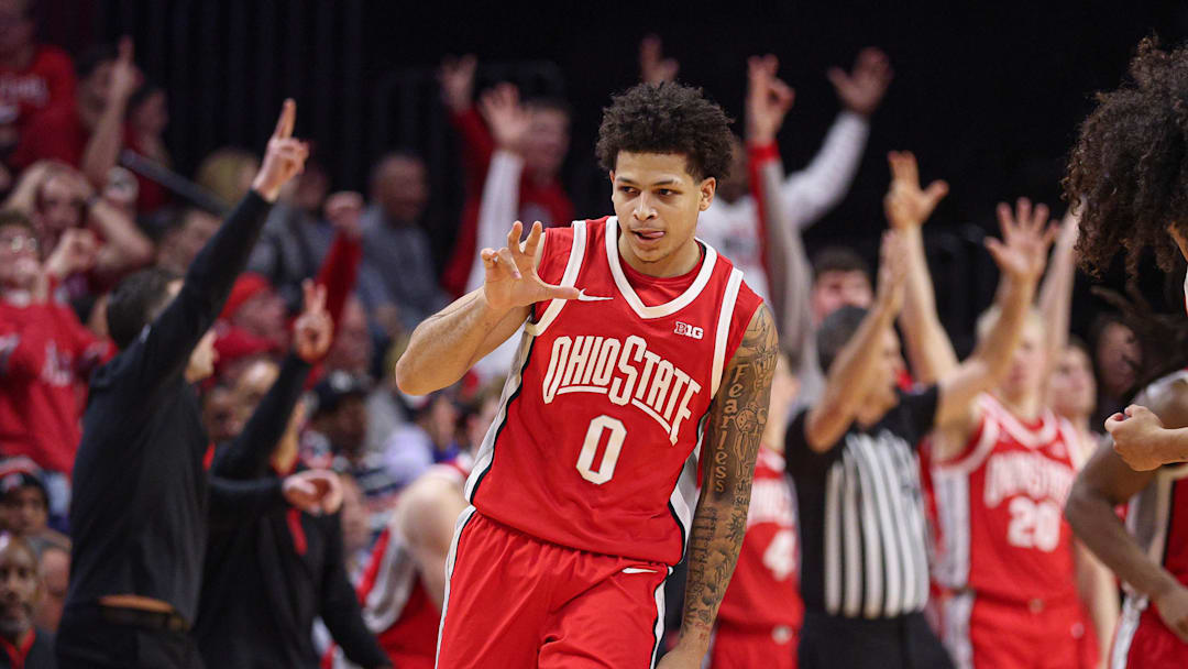 Jan 2, 2026; Piscataway, New Jersey, USA; Ohio State Buckeyes guard John Mobley Jr. (0) reacts after making a three point basket during the second half against the Rutgers Scarlet Knights at Jersey Mike's Arena. Mandatory Credit: Vincent Carchietta-Imagn Images