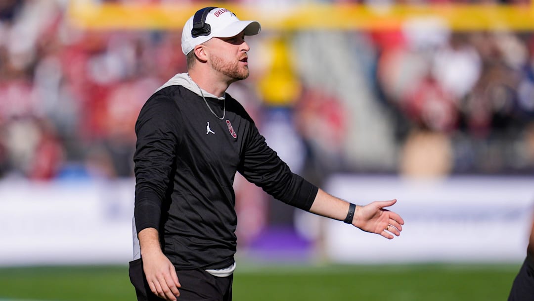 Oklahoma offensive coordinator Ben Arbuckle celebrates during the Armed Forces Bowl football game between the University of Oklahoma Sooners (OU) and the Navy Midshipmen at Amon G. Carter Stadium in Fort Worth, Texas, Friday, Dec. 27, 2024. Navy won 21-20.