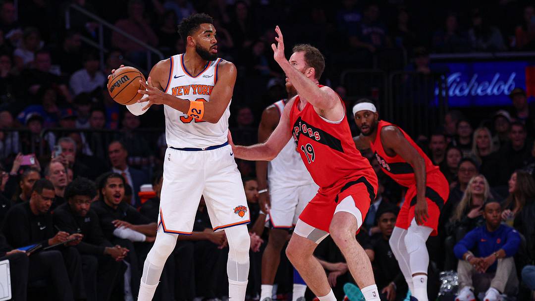 Oct 15, 2026; New York, New York, USA; New York Knicks center Karl-Anthony Towns (32) shields the ball away from Toronto Raptors center Jakob Poeltl (19) during the first quarter at Madison Square Garden. Mandatory Credit: Vincent Carchietta-Imagn Images Oct 15, 2026; New York, New York, USA; New York Knicks center Karl-Anthony Towns (32) shields the ball away from Toronto Raptors center Jakob Poeltl (19) during the first quarter at Madison Square Garden. Mandatory Credit: Vincent Carchietta-Imagn Images