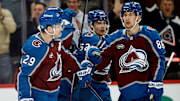 Mar 6, 2025; Denver, Colorado, USA; Colorado Avalanche center Nathan MacKinnon (29) celebrates his goal with left wing Artturi Lehkonen (62) and center Martin Necas (88) in the third period against the San Jose Sharks at Ball Arena. Mandatory Credit: Isaiah J. Downing-Imagn Images