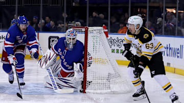 Feb 5, 2025; New York, New York, USA; Boston Bruins left wing Brad Marchand (63) controls the puck against New York Rangers goaltender Igor Shesterkin (31) and left wing J.T. Miller (8) during the first period at Madison Square Garden. Mandatory Credit: Brad Penner-Imagn Images