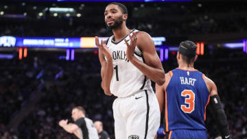 Mar 23, 2024; New York, New York, USA;  Brooklyn Nets forward Mikal Bridges (1) gestures after making a three point shot in the second quarter against the New York Knicks at Madison Square Garden. Mandatory Credit: Wendell Cruz-USA TODAY Sports