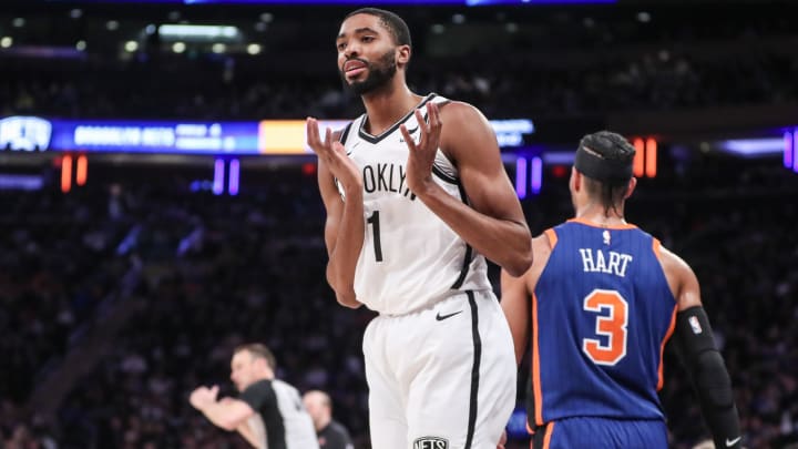 Mar 23, 2024; New York, New York, USA;  Brooklyn Nets forward Mikal Bridges (1) gestures after making a three point shot in the second quarter against the New York Knicks at Madison Square Garden. Mandatory Credit: Wendell Cruz-USA TODAY Sports