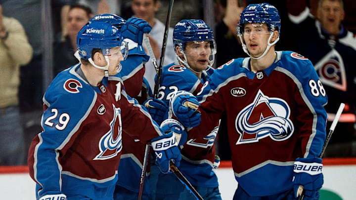 Mar 6, 2025; Denver, Colorado, USA; Colorado Avalanche center Nathan MacKinnon (29) celebrates his goal with left wing Artturi Lehkonen (62) and center Martin Necas (88) in the third period against the San Jose Sharks at Ball Arena. Mandatory Credit: Isaiah J. Downing-Imagn Images Mar 6, 2025; Denver, Colorado, USA; Colorado Avalanche center Nathan MacKinnon (29) celebrates his goal with left wing Artturi Lehkonen (62) and center Martin Necas (88) in the third period against the San Jose Sharks at Ball Arena. Mandatory Credit: Isaiah J. Downing-Imagn Images