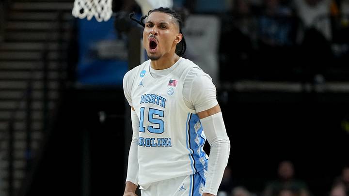 Mar 19, 2026; Greenville, SC, USA; North Carolina Tar Heels forward Jarin Stevenson (15) celebrates after a play against the VCU Rams in the second half of a first round game of the men's 2026 NCAA Tournament at Bon Secours Wellness Arena. Mandatory Credit: Bob Donnan-Imagn Images