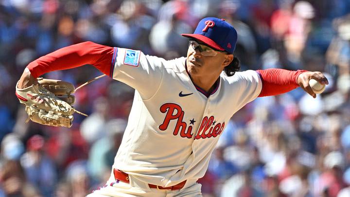 Sep 7, 2026; Philadelphia, Pennsylvania, USA; Philadelphia Phillies pitcher Jesús Luzardo (44) throws a pitch during the sixth inning against the Atlanta Braves at Citizens Bank Park. Mandatory Credit: Eric Hartline-Imagn Images