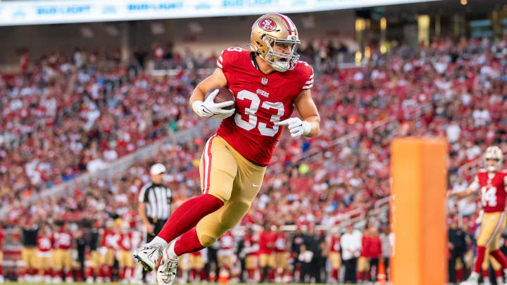 August 19, 2023; Santa Clara, California, USA; San Francisco 49ers fullback Jack Colletto (33) during the third quarter against the Denver Broncos at Levi's Stadium. Mandatory Credit: Kyle Terada-USA TODAY Sports