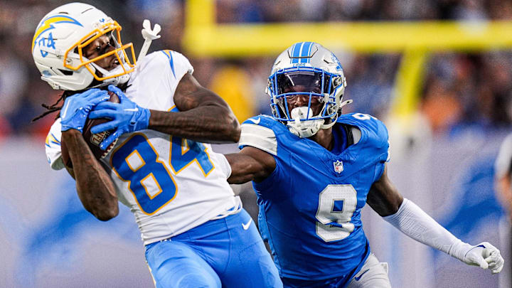 Former Penn State and current Los Angeles Chargers wide receiver KeAndre Lambert-Smith makes a catch against Detroit Lions cornerback Ennis Rakestraw Jr.