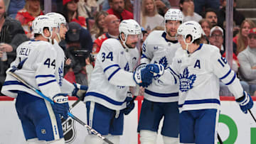 May 16, 2025; Sunrise, Florida, USA; Toronto Maple Leafs center Auston Matthews (34) celebrates with teammates after scoring against the Florida Panthers during the third period in game six of the second round of the 2025 Stanley Cup Playoffs at Amerant Bank Arena. Mandatory Credit: Sam Navarro-Imagn Images