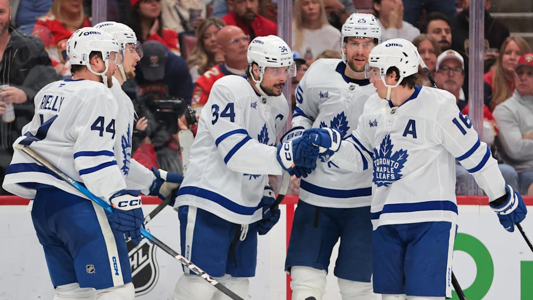May 16, 2025; Sunrise, Florida, USA; Toronto Maple Leafs center Auston Matthews (34) celebrates with teammates after scoring against the Florida Panthers during the third period in game six of the second round of the 2025 Stanley Cup Playoffs at Amerant Bank Arena. Mandatory Credit: Sam Navarro-Imagn Images