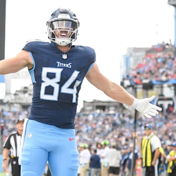 Nov 3, 2024; Nashville, Tennessee, USA;  Tennessee Titans tight end Nick Vannett (84) celebrates his touchdown against the New England Patriots during the first half at Nissan Stadium.