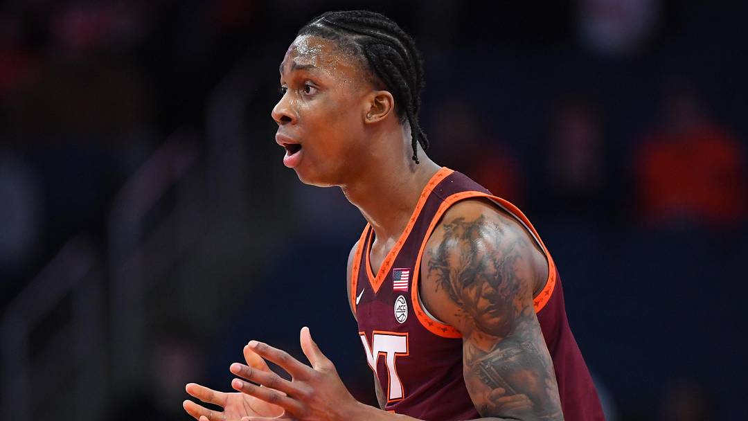 Jan 21, 2026; Syracuse, New York, USA; Virginia Tech Hokies forward Tobi Lawal (1) reacts to a call during the second half against the Syracuse Orange at the JMA Wireless Dome. Mandatory Credit: Rich Barnes-Imagn Images