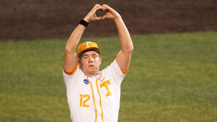 Tennessee's Liam Doyle (12) sends love to the Tennessee fans after Tennesee defeated Wake Forest at the NCAA college baseball Knoxville Regional final on June 2, 2025, in Knoxville, Tenn.