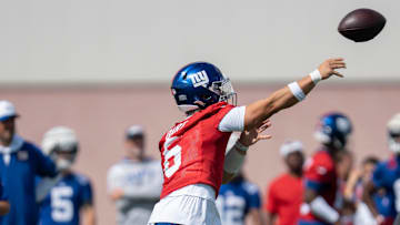 New York Giants quarterback Jaxson Dart (6) throws the ball during day one of the New York Giants training camp at Quest Diagnostics Giants Training Center in East Rutherford on Wednesday, July 23, 2025.