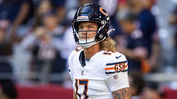 Nov 3, 2024; Glendale, Arizona, USA; Chicago Bears quarterback Tyson Bagent (17) against the Arizona Cardinals at State Farm Stadium. Mandatory Credit: Mark J. Rebilas-Imagn Images