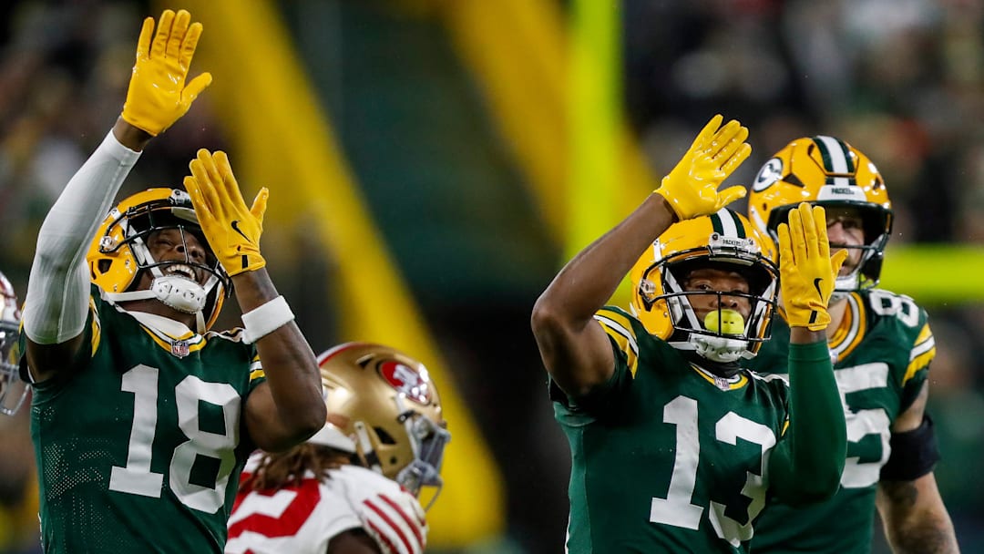 Green Bay Packers wide receivers Malik Heath (18) and Dontayvion Wicks (13) celebrate after Wicks makes a first down reception against the San Francisco 49ers on Sunday, November 24, 2024, at Lambeau Field in Green Bay, Wis. The Packers won the game, 38-10.
Tork Mason/USA TODAY NETWORK-Wisconsin