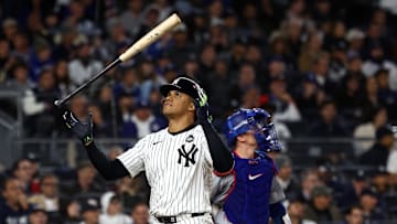 Oct 29, 2024; Bronx, New York, USA; New York Yankees outfielder Juan Soto (22) reacts after a strike out against the Los Angeles Dodgers in the third inning during game four of the 2024 MLB World Series at Yankee Stadium. Mandatory Credit: Vincent Carchietta-Imagn Images