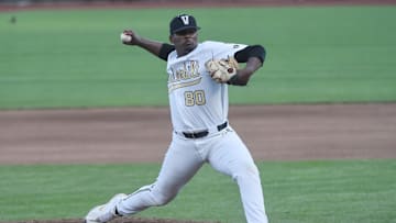 Jun 30, 2021; Omaha, Nebraska, USA;  Vanderbilt Commodores pitcher Kumar Rocker (80) pitches in the fourth inning against the Mississippi St. Bulldogs at TD Ameritrade Park. Mandatory Credit: Steven Branscombe-Imagn Images