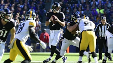 Baltimore Ravens quarterback Joe Flacco (5) drops back to pass during the first quarter against the Pittsburgh Steelers at M&T Bank Stadium.