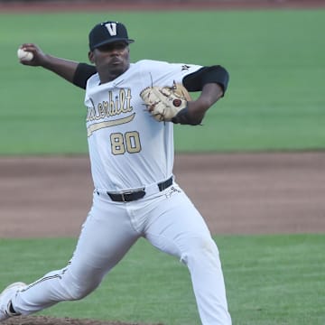 Jun 30, 2021; Omaha, Nebraska, USA;  Vanderbilt Commodores pitcher Kumar Rocker (80) pitches in the fourth inning against the Mississippi St. Bulldogs at TD Ameritrade Park.