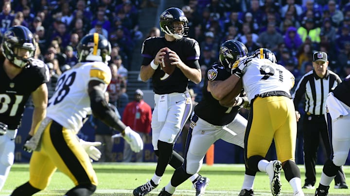 Baltimore Ravens quarterback Joe Flacco (5) drops back to pass during the first quarter against the Pittsburgh Steelers at M&T Bank Stadium.