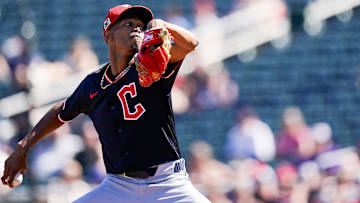 Cleveland Guardians Triston McKenzie (24) throws a pitch in the first inning of a Cactus League game between the Cincinnati Reds and Cleveland Guardians, Saturday, Feb. 22, 2025, at the Goodyear Ballpark in Goodyear, Ariz.