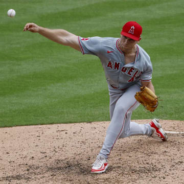 Aug 29, 2024; Detroit, Michigan, USA;  Los Angeles Angels pitcher Ben Joyce (44) pitches in the ninth inning against the Detroit Tigers at Comerica Park. Mandatory Credit: Rick Osentoski-Imagn Images