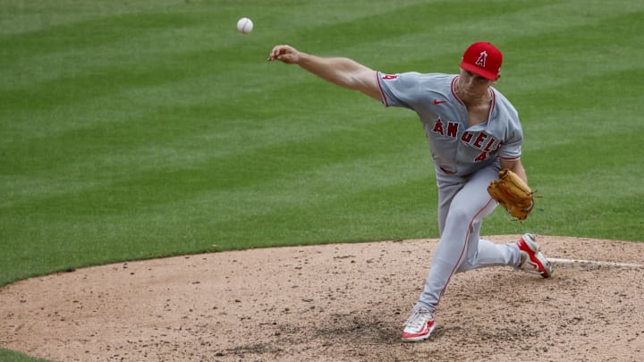 Aug 29, 2024; Detroit, Michigan, USA;  Los Angeles Angels pitcher Ben Joyce (44) pitches in the ninth inning against the Detroit Tigers at Comerica Park. Mandatory Credit: Rick Osentoski-Imagn Images