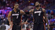 Feb 5, 2014; Los Angeles, CA, USA; Miami Heat guard Dwayne Wade (3) and forward LeBron James (6) in the fourth quarter against the Los Angeles Clippers at Staples Center. The Heat defeated the Clippers 116-112. Mandatory Credit: Kirby Lee-Imagn Images