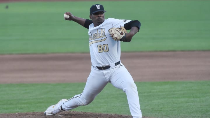 Jun 30, 2021; Omaha, Nebraska, USA;  Vanderbilt Commodores pitcher Kumar Rocker (80) pitches in the fourth inning against the Mississippi St. Bulldogs at TD Ameritrade Park. 