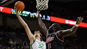 Oregon center Nate Bittle rebounds the ball over Indiana center Oumar Ballo as the Oregon Ducks host the Indiana Hoosiers Tuesday, March 4, 2025, at Matthew Knight Arena in Eugene, Ore.