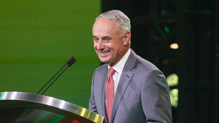 Jul 13, 2025; Atlanta, GA, USA; MLB Commissioner Rob Manfred announces the pick for the Athletics pick during the MLB Draft at The Coca-Cola Roxy. Mandatory Credit: Brett Davis-Imagn Images