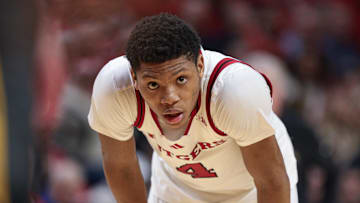 Feb 12, 2025; Piscataway, New Jersey, USA; Rutgers Scarlet Knights guard Ace Bailey (4) looks on during the second half against the Iowa Hawkeyes at Jersey Mike's Arena. Mandatory Credit: Vincent Carchietta-Imagn Images