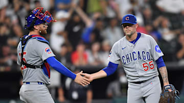 Chicago Cubs catcher Carson Kelly with pitcher Ryan Pressly