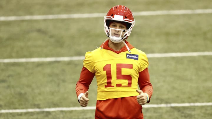 Feb 4, 2021; Kansas City, MO, USA; Kansas City Chiefs quarterback Patrick Mahomes during practice as they prepare for Super Bowl LV against the Tampa Bay Buccaneers. Mandatory Credit: Steve Sanders/Handout Photo via USA TODAY Sports