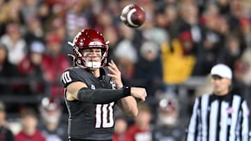 Nov 9, 2024; Pullman, Washington, USA; Washington State Cougars quarterback John Mateer (10) throws a pass against the Utah State Aggies in the first half at Gesa Field at Martin Stadium. Mandatory Credit: James Snook-Imagn Images
