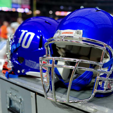 Dec 31, 2014; Glendale, AZ, USA; Detail view of Boise State Broncos helmets during the game against the Arizona Wildcats in the 2014 Fiesta Bowl at Phoenix Stadium. Mandatory Credit: Matt Kartozian-USA TODAY Sports