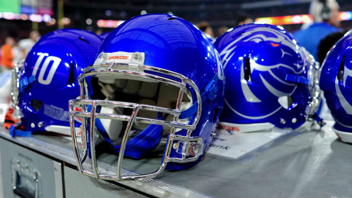 Dec 31, 2014; Glendale, AZ, USA; Detail view of Boise State Broncos helmets during the game against the Arizona Wildcats in the 2014 Fiesta Bowl at Phoenix Stadium. Mandatory Credit: Matt Kartozian-USA TODAY Sports