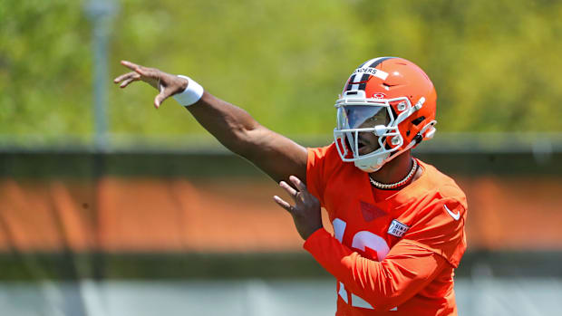 Cleveland Browns quarterback Shedeur Sanders (12) throws during day two of NFL rookie minicamp at the Cleveland Browns traini