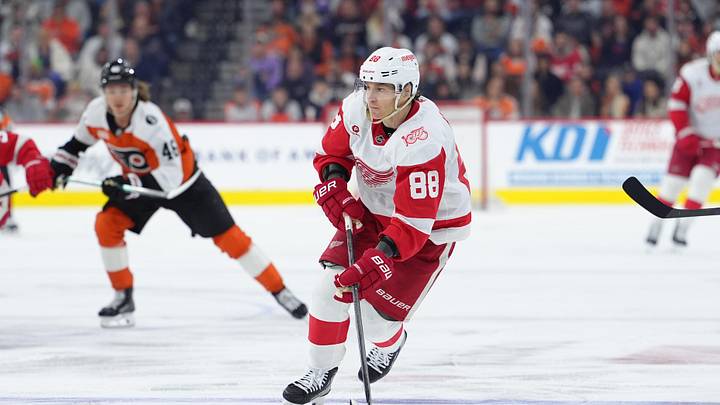 Apr 2, 2026; Philadelphia, Pennsylvania, USA; Detroit Red Wings right wing Patrick Kane (88) controls the puck against the Philadelphia Flyers in the third period at Xfinity Mobile Arena. Mandatory Credit: Kyle Ross-Imagn Images