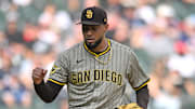 Sep 21, 2025; Chicago, Illinois, USA; San Diego Padres pitcher Robert Suarez (75) celebrates after defeating the Chicago White Sox during the ninth inning at Rate Field. Mandatory Credit: Patrick Gorski-Imagn Images