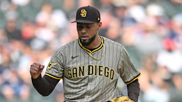 Sep 21, 2025; Chicago, Illinois, USA; San Diego Padres pitcher Robert Suarez (75) celebrates after defeating the Chicago White Sox during the ninth inning at Rate Field. Mandatory Credit: Patrick Gorski-Imagn Images