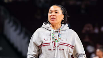 Nov 23, 2025; Columbia, South Carolina, USA; South Carolina Gamecocks head coach Dawn Staley directs her team against the Queens Royals in the second half at Colonial Life Arena. Mandatory Credit: Jeff Blake-Imagn Images
