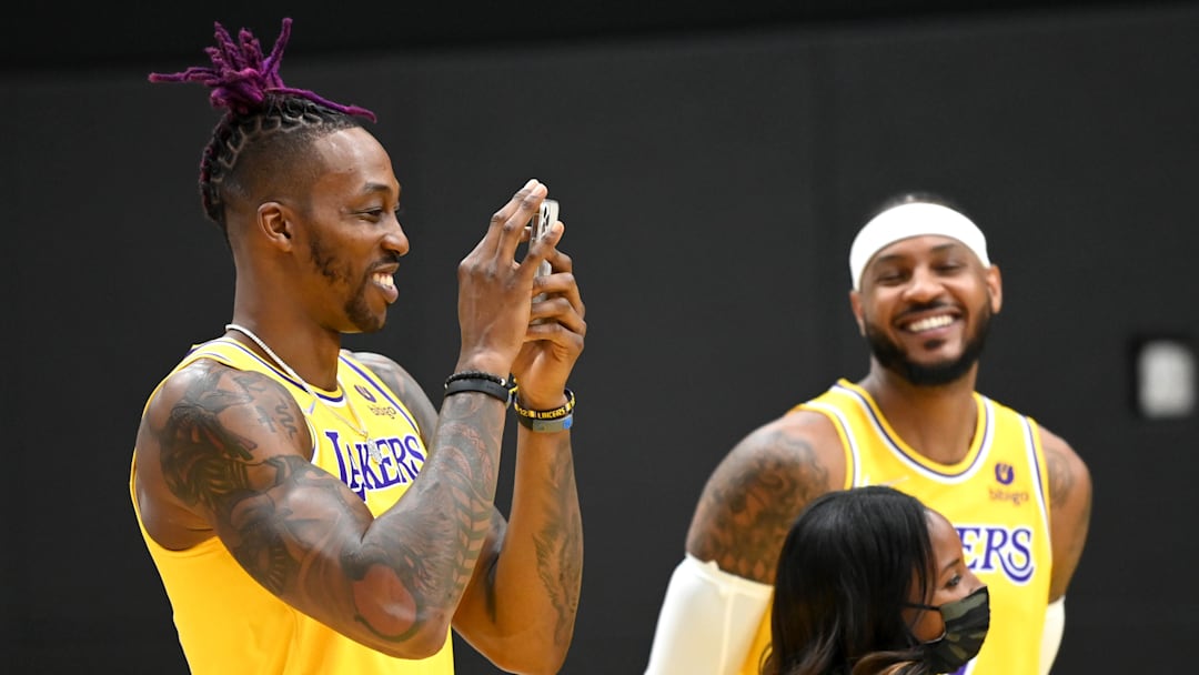 Sep 28, 2021; Los Angeles, CA, USA;Los Angeles Lakers center Dwight Howard (39) and forward Carmelo Anthony (7) laugh during media day at the UCLA Health and Training Center in El Segundo, Calif.  Mandatory Credit: Jayne Kamin-Oncea-Imagn Images