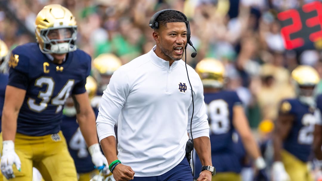 Sep 20, 2025; South Bend, Indiana, USA; Notre Dame Fighting Irish head coach Marcus Freeman celebrates a turnover by the defense against the Purdue Boilermakers during the first half at Notre Dame Stadium. Mandatory Credit: Michael Caterina-Imagn Images