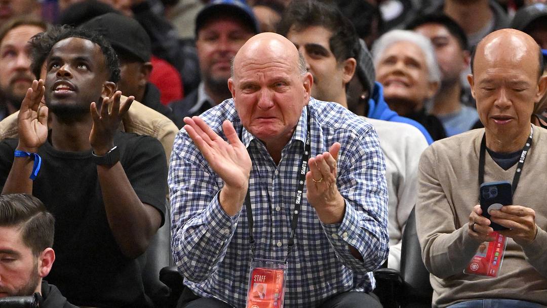 Nov 21, 2022; Los Angeles, California, USA; Los Angeles Clippers owner Steve Ballmer react after a basket against the Utah Jazz in the second half at Crypto.com Arena. Mandatory Credit: Jayne Kamin-Oncea-Imagn Images