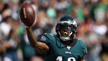 Sep 8, 2019; Philadelphia, PA, USA; Philadelphia Eagles wide receiver DeSean Jackson (10) celebrates his touchdown catch in the second quarter against the Washington Redskins at Lincoln Financial Field. Mandatory Credit: James Lang-USA TODAY Sports
